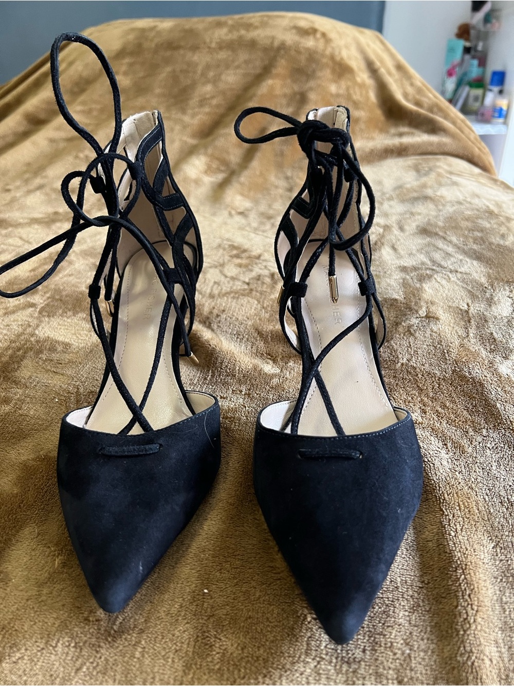 Marc Fisher Black Suede Lace-Up Pointed Heels